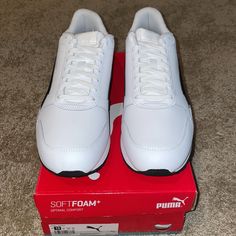 Brand New W/Orignal Box Puma St Runner V2 Softfoam/Optimal Comfort Genuine Leather Round Toe Side Logo Detail Lace-Up Vamp Grip Sole Fast Shipping Shoes Puma, Puma White, Puma Shoes, Athletic Shoes, Men's Shoes, White And Black, Genuine Leather, Size 10, Lace Up