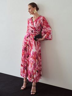 ALLOVER PRINT SURPLICE NECK CONTRAST PIPING BELL SLEEVE PLEATED LONG DRESS Multicolor Elegant  Long Sleeve Woven Fabric All Over Print A Line Non-Stretch  Women Clothing, size features are:Bust: ,Length: ,Sleeve Length: Fuschia Maxi Dress, Vibrant V-neck Printed Maxi Dress, Pink V-neck Maxi Dress With Rose Print, Ruched Waist Dress, Pink V-neck Maxi Dress With Vibrant Print, Luxury V-neck Maxi Dress With Vibrant Print, Multicolor Floral Print Maxi V-neck Dress, Grey Colour Suit, Balloon Sleeve Dress