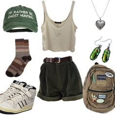 Long Black Shorts Outfit Summer, Earthy Outfit Inspiration, 2013 Fashion Outfits, Cute Summer Outfits For Midsize Women, Summer Cryptidcore Outfits, Outfit Boards Summer, Adventurecore Outfit Summer, Summer Clothes Grunge, Enby Outfits Summer