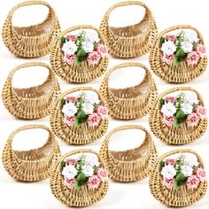 six wicker baskets with flowers in them