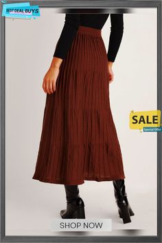 Elegant Pleated Plain Sweater Skirt Casual Brown Maxi Skirt For Fall, Brown Tiered Skirt For Fall, Brown Tiered Skirt Bottoms For Fall, High Waist Brown Maxi Skirt For Fall, Casual Pleated Maxi Skirt For Winter, High Waist Brown Pleated Skirt For Fall, Brown Skirted Bottoms For Fall, Casual Tiered Maxi Skirt For Winter, Winter Pleated Tiered Maxi Skirt