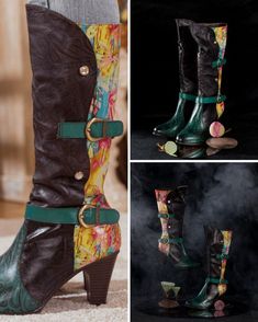 Make a statement with your strides in these bobo leather boots featuring colorful patchwork shafts and side zip closures for a fashionable fit that pairs effortlessly with jeans or our signature shacket orjumpers. Paint Print, Printed Leather, Black Paint