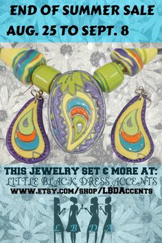 an advertisement for the end of summer sale, with two necklaces and ear rings