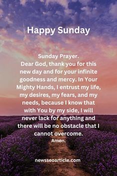 a purple field with the words happy sunday written in white on it, and an image of