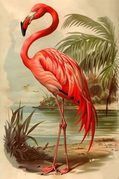 a pink flamingo standing on top of a beach next to palm trees and water