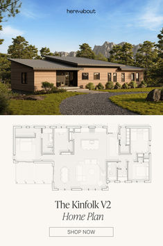 a photo of the exterior of the modern Kinfolk V2 home plan; there is a drawing of the home plan underneath the photo Concrete Homes Plans, Shed Roof Design, Cement Home, 4 Bedroom House Designs, Building Design Plan, Bespoke Home, Small Modern Home, Concrete Home, Passive Solar