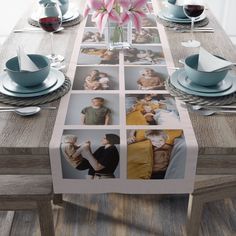 This personalized table runner is great for wedding events or family reunions. Customize with the family name and a year. Comes in 2 material choices and 2 sizes to complement your decor. 📜🖌HOW TO ORDER 🖌📜 ------------------------------------- - Choose the material and size of the table runner - Send your pictures through Etsy Message. - I will work on it and send you proof in 1-2 business days - After your approval, it will be sent for production which can vary from 3-6 days depending on th Collage Table, Personalized Table Runner, Picture Table, Photo Table, Memory Table, Photo Memories, Linen Table Runner, Picture Display, Recipe Cards