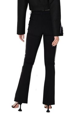 Elevate your look and make a subtle statement in these wool-blend pants with jeweled stripe details down the sides of the leg.Belt loopsHook-and-bar closureWaist slip pocketsJeweled embellished stripes down sides of pants43% polyester, 33% virgin wool, 20% polyamide, 4% elastaneLining: 60% viscose, 40% polyesterDry cleanMade in USA Chic High Waist Embellished Pants, Fitted Straight Leg Embellished Pants, Embellished Fitted Straight Leg Pants, Embellished Straight Leg Evening Bottoms, Luxury Stretch Bottoms For Party, Elegant Embellished Formal Bottoms, Chic Embellished Fitted Pants, Embellished Straight Pants For Evening, Tailored Luxury Bottoms For Night Out