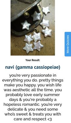 an ad with some white stars on the floor and words below it that read, your results navi gamma cassiopeale you're very passionate in everything