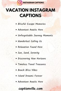 an advertisement for vacation instagramm captions on the back of a pink and white background