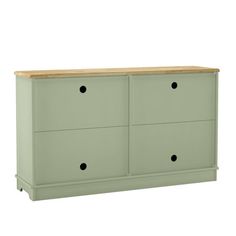 a green dresser with four drawers and two black dots on the bottom, against a white background