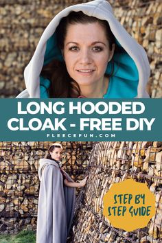 a woman leaning against a fence with the text long hooded cloak - free diy