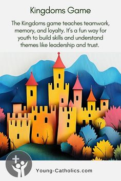 a card with an image of a castle in the background and text that reads, kingdom games teamwork memory and loaly it's fun way for youth to build skills and understand