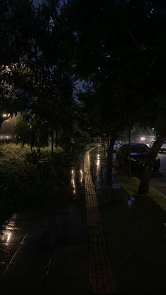 cars parked on the side of a road in the rain at night with street lights shining