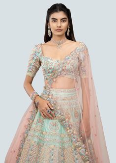 Multicolored celeste blue embellished heavy kali tissue lehenga with blouse and net dupatta with border. Blue Lehenga, Net Dupatta, Lehenga, Blue