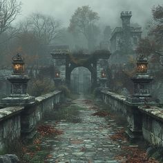 an old stone bridge with lanterns on it and fog in the air over trees, rocks and bushes