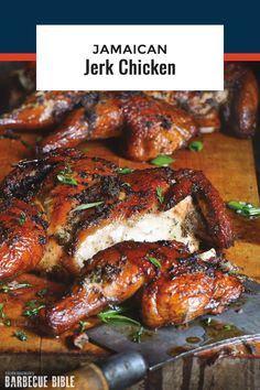 the book cover for jamaican chicken by jer klenn, featuring grilled chicken on