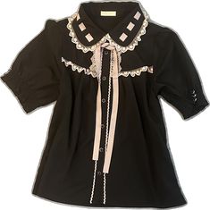 Harajuku Style Ruffled Tops, Harajuku Tops With Ruffles, Cute Black Party Tops, Cute Black Blouse With Ruffles, Cute Short Sleeve Blouse For Party, Cute Short Sleeve Party Blouse, Cute Party Tops With Lace Trim, Cute Blouse With Lace Doll Collar, Black Doll Collar Blouse For Party