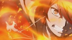 an anime character with long hair and orange eyes, in front of a fire background