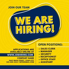 we are hiring flyer with yellow and blue background