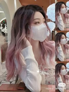 Black And Colored Hair Underneath, Colored Hair With Black Roots, Low Maintenance Hair Dye Ideas, Pastel Pink Highlights In Black Hair, Light Pink Hair Asian, Korean Highlights Hair Color, Asian Pink Hair, Korean Dyed Hair, Pink Hair Color Highlights