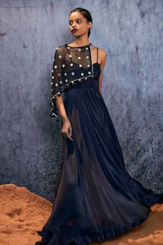 Midnight blue maxi dress with spaghetti straps in natural silk base. Paired with an asymmetric mirror embroidered cape with a tie-up. - Aza Fashions Asymmetric Mirror, Cape For Women, Embroidered Cape, Plain Maxi Dress, Maxi Dress For Women, Blue Maxi, Silk Maxi Dress, Fashion App, Natural Silk