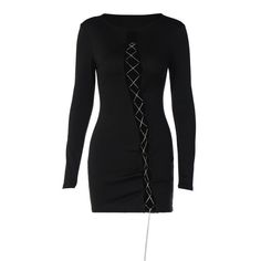 Turn heads in this daring black bodycon dress with a gorgeous lace-up front. Its slim silhouette and long sleeves create a luxurious look that will make you feel glamorous and confident. Perfect for any formal or evening occasion, this dress is the ultimate wardrobe must-have. Fit Type: Slim Fit Fabric: High Stretch Material: Polyester, Spandex Lace Bodycon Dress, Plus Size Bra, Diamond Chain, Black Bodycon Dress, Midi Dress Bodycon, Chain Stitch, Bandage Dress, Bodycon Mini Dress, Elegant Woman