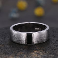 6mm Mens Black Onyx Wedding Band Brushed Baguette Black Onyx Ring Platinum Ring Men Stacking Matching Band Retro Vintage Gift For Husband Gift for mens ITEM SPECIFICATIONS:  Material:925 sterling silver ,rose gold plated,yellow gold plated,white gold plated Solid gold (10k 14k 18k rose gold,yellow gold,white gold available) Platinum Main stone: 6x3mm baguette cut natural black onyx  band width:6mm Weight: approx 7.5ctw Size and color can be choice.Handmade fine jewelry. Our Service: All sizes available,please feel free to contact me if you need another ring sizes. Craft Period:Because all of rings are handmade to orders,it takes about 13-15 business days to make (not include weekend) and 3-5 business days for arrival,thanks for your understanding. Rush Order:We offer rush order service,it Onyx Wedding Band Men, Platinum Ring Men, Onyx Wedding Band, Mens Wedding Bands Black, Onyx Ring Men, Handmade Fine Jewelry, White Gold Wedding Rings, Ring Men, Black Onyx Ring