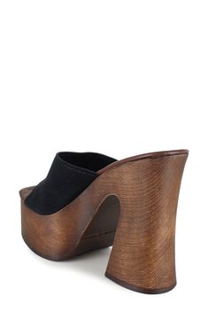 A woodgrain platform and soaring block heel lend scene-stealing height and retro-cool appeal to a slide sandal that will elevate your trendsetting looks. 4" heel; 2" platform Leather upper and lining/synthetic sole Made in Spain Black Chunky Platform Clogs For Summer, Trendy Wedge Heels With Wooden Heel, Trendy Wooden Wedge Heels, Trendy Wedge Sandals With Wooden Block Heel, Trendy Open Toe Clogs With Wooden Heel, Summer Wooden Stacked Heel Heels, Modern Clogs With Wooden Wedge Heel, Spring Platform Slippers With Wooden High Heel, Spring High Heel Platform Slippers With Wooden Heel