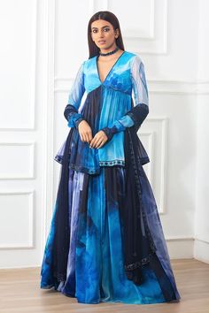 Blue chiffon lehenga with an attached cancan, marble texture and ocean print and cutdana hand embroidered waistband. Comes with a padded peplum top and a mirror work soft net dupatta. - Aza Fashions Blue Fitted Georgette Anarkali Set, Blue Bollywood Georgette Dress, Fitted Bollywood Style Blue Palazzo Set, Blue Georgette Dress With Pallu, Blue Georgette Saree Set, Blue Fitted Floor-length Sharara, Blue Unstitched Organza Choli, Blue Georgette Dress For Navratri, Blue Organza Choli For Eid