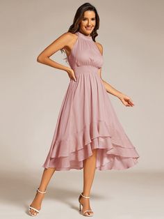 Sparkly High-Low Ruffle Halter Neck Wedding Guest Dress with Pleating #color_Dusty Rose Chiffon Dresses, Tea Length, Ruffle Hem, Halter Neck, Wedding Guest Dress, Wedding Guest, High Low, Knee Length, High Waist