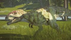 an artist's rendering of a dinosaur walking through the grass