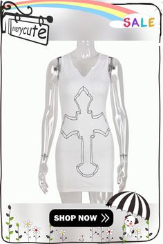 Cross Printed White Mini Dress for Women Sleeveless V-neck Basic Tank Dress Y2k Streetwear Outfits Party Bodycon Dresses Spring V-neck Tank Top For Club, Y2k Sleeveless Club Mini Dress, Y2k Sleeveless Mini Dress For Club, White Tank Top For Club Spring Season, White Tank Top For Club And Spring Season, White Tank Top For Club In Spring, White Tank Top For Club, Spring Season, Stretch Sleeveless V-neck Dress For Night Out, Y2k Sleeveless Bodycon Party Dress