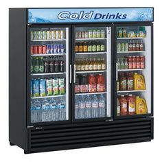 the cold drinks display is black and has two doors that are open to reveal beverages