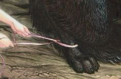 a painting of a black bear being petted by a person with a pink ribbon