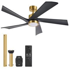 a ceiling fan with three blades and two remote controls