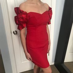 Vintage Valentine’s Day Cherry Satin Red Cocktail Dress Without Size Tag, Amazing Shoulder Bows! Waist 28” Top Of Zipper To Hem 27 1/4” Armpit To Armpit Across 17 1/2” Or 35 Bust Elegant Fitted Dresses With Red Bow, Red Evening Dress With Bow, Red Evening Dress With Red Bow, Red Dress With Red Bow For Evening, Red Knee-length Dress For Gala, Red Fitted Formal Dress, Cherry Red Dress, Red Cocktail, Red Cocktail Dress