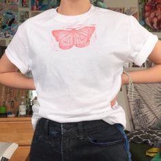 -100% Ultra cotton Gildan T-shirt (color: white)  -machine washable -hand carved original print designs -if different than pictured, add in your preferred butterfly color to the notes area of your purchase :) -model is 5'4 and wearing a small -Message me if you have any questions White Cotton Top With Butterfly Print, Hand Printed White T-shirt For Summer, White Hand-printed T-shirt For Summer, White Hand Printed T-shirt For Summer, White Cotton Tops With Butterfly Embroidery, Casual White Hand Printed T-shirt, Casual White Hand-printed Top, White Cotton Hand Printed T-shirt, White Butterfly T-shirt For Spring