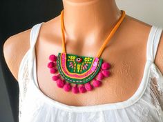 Mixed Media Boho Necklace, Unique Accessories, Colorful Pendant, Embroidered, Crocheted, Beadwork, Eclectic Pom Pom Necklace, Gift for Her - Etsy Eclectic Necklace, Pom Pom Necklace, Accessories Colorful, Diy Fabric Jewellery, Boho Eclectic, Unique Accessories, Textile Jewelry, Neck Piece, Necklace Unique