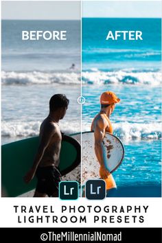 a man holding a surfboard next to another man on the beach with waves in the background