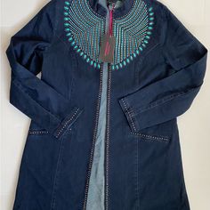 This Stunning Beaded Denim Jacket From Midnight Velvet! Featuring Intricate Beadwork That Adds A Touch Of Elegance To Classic Denim, This Long Jacket In A Rich Blue Is Perfect For Any Occasion. Crafted From High-Quality Fabric, It Offers A Flattering Fit While Providing Comfort And Durability. Brand New With Tags. Details: Brand: Midnight Velvet Color: Blue Size: Medium Features: Beaded Detailing, Long Jacket Style Condition: New With Tags (Nwt) Material: Denim Spring Beaded Denim Outerwear, Beaded Blue Denim Jacket For Spring, Spring Blue Beaded Denim Jacket, Spring Beaded Blue Denim Jacket, Casual Long Sleeve Beaded Outerwear, Fall Blue Beaded Outerwear, Spring Blue Beaded Outerwear, Long Jacket Style, Denim Long Jacket