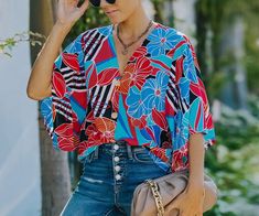 Vibrant Blue red floral print top Love Print, Button Up Top, Floral Print Tops, Kimono Sleeve, The Seasons, Plus Size Shirts, Floral Shirt, Blouse Styles, Three Quarter Sleeves