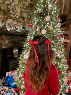 Two red ribbon bows hairstyle christmas or casual everyday homiday pigtails two ponytails Christmas Hair Inspiration, Little Red Riding Hood Hairstyles, Christmas Hairstyles Aesthetic, Little Red Riding Hood Hair, 2 Bow Hairstyle, 2 Pig Tails Half Up Half Down, Red Ribbon Hairstyles, Christmas Girl Aesthetic