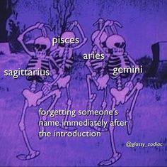 two skeletons are dancing in front of a purple background with the words piscs aries germini