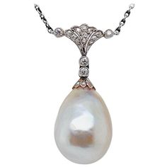 Edwardian Natural Saltwater Pearl and Diamond Pendant, circa 1910s | From a unique collection of vintage Pendant Necklaces at https://www.1stdibs.com/jewelry/necklaces/pendant-necklaces/. Edwardian Pearl Earrings, Luxury Heirloom Pearl Pendant Jewelry, Luxury Drop Pearl Necklace, Antique White Gold Necklace With Pearl Pendant, Antique Pearl Pendant Necklace For Formal Occasions, Vintage Akoya Pearl Drop Necklace, White Gold Pearl Pendant Necklace In Drop Shape, Formal Pear-shaped Pearl Necklace, Classic High Luster Pendant Pearl Necklace