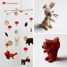 crocheted animals are hanging on the wall next to a mobile with mushrooms and mushrooms