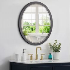 a bathroom sink with a round mirror above it and a potted plant on the counter