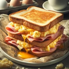 a sandwich with ham, egg and cheese is on a plate next to some eggs