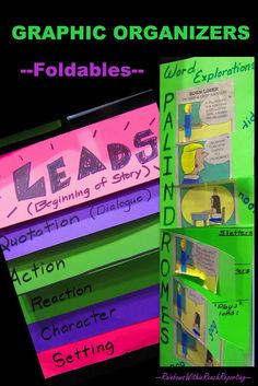 three colorful folders with writing on them and the title graphic organizers foldables