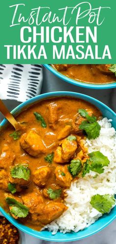 two bowls filled with chicken tikka masala and rice